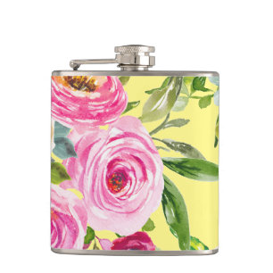 Petaca Rosas acuarelas en rosa y crema en amarillo