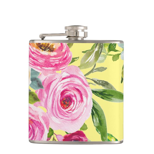 Petaca Rosas acuarelas en rosa y crema en amarillo (Anverso)