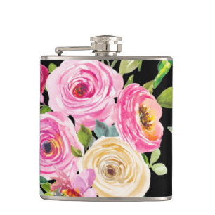 Petaca Rosas acuarelas en rosa y crema en negro