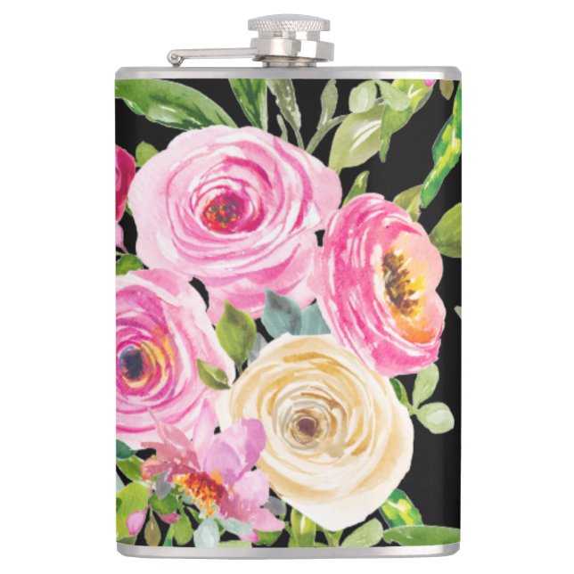 Petaca Rosas acuarelas en rosa y crema en negro (Anverso)