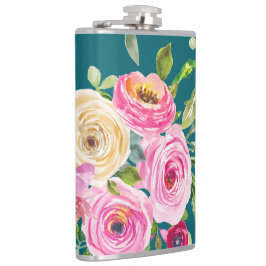 Petaca Rosas acuarelas en rosa y crema en Verde azulado