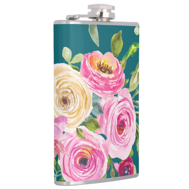 Petaca Rosas acuarelas en rosa y crema en Verde azulado (Derecha)