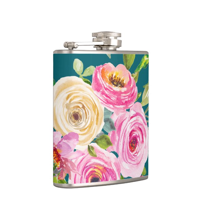 Petaca Rosas acuarelas en rosa y crema en Verde azulado (Derecha)