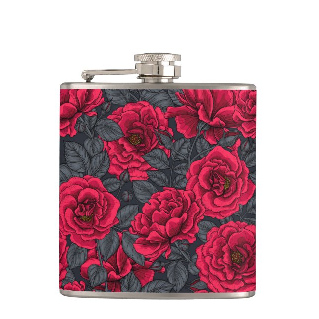 Petaca Rosas rojas con hojas grises en negro (Anverso)