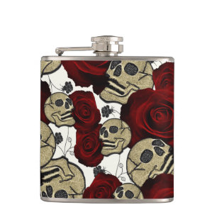 Petaca Rosas Rojas y Calaveras Floral Negro Gótico Blanco
