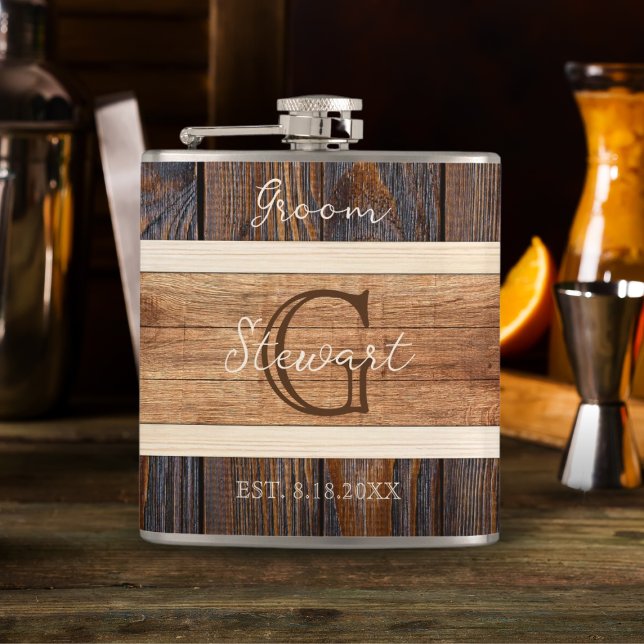 Petaca Rustic Wood Tone Boda Groom (Subido por el creador)