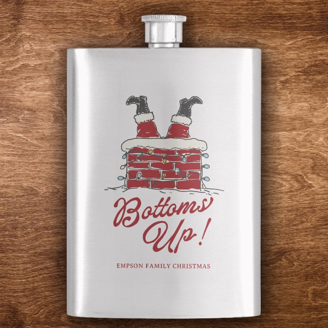 Petaca Santa Arriba del Todo Fiesta Divertida de Navidad (Stainless steel flask with a Santa chimney motif, light string detail, and bold “Bottoms Up!” script)