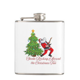 Petaca Santa Rocking alrededor del árbol de Navidad en un