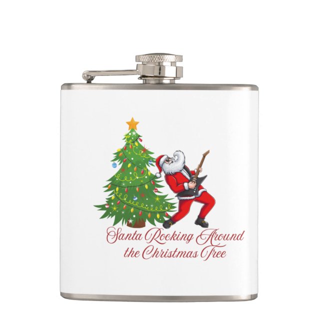 Petaca Santa Rocking alrededor del árbol de Navidad en un (Anverso)