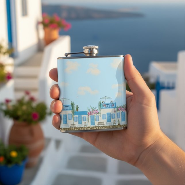 Petaca Santorini Blue White Greek Village Coastal Art (Subido por el creador)
