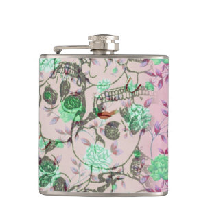 Petaca Señora fresca Grunge Skulls y floral verde azulad