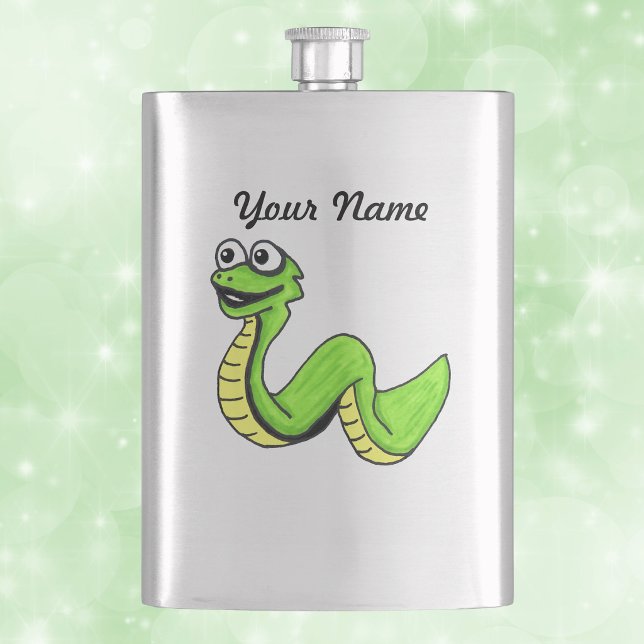 Petaca Serpiente verde amarilla de dibujos animados sonri (Fun smiling green yellow snake big eyes on silver drinking flask.)