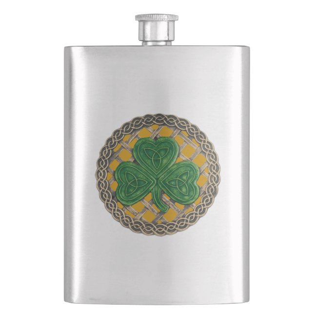 Petaca Shamrock de oro en frasco de nudos celtas (Anverso)