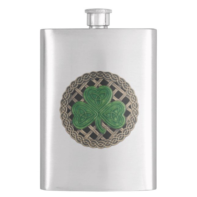 Petaca Shamrock negro sobre matamoscas de nudos celtas (Anverso)
