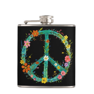 Petaca Signo de Paz Floral Hippie Sobre un Fondo Negro