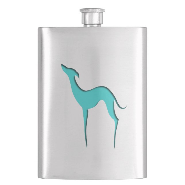 Petaca Silueta turquesa elegante de perro blanco de Greyh (Anverso)