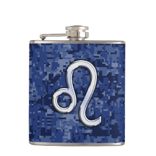 Petaca Símbolo de Leo Zodiac en camo digital azul de la m