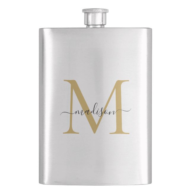 Petaca Simple Faux Gold Monograma Girly Script Nombre (Anverso)