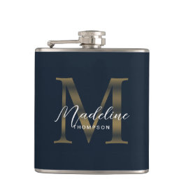 Petaca Simple Script Metálico Azul Marino Dorado Monogram