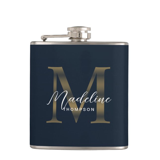 Petaca Simple Script Metálico Azul Marino Dorado Monogram (Anverso)
