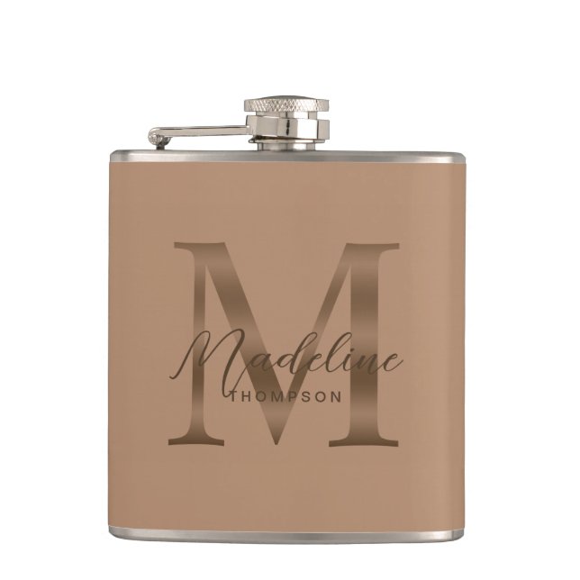 Petaca Simple Script metálico Monograma Taupe Gold (Anverso)
