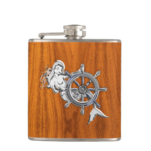 Petaca Sirena cromada en la impresión de teca