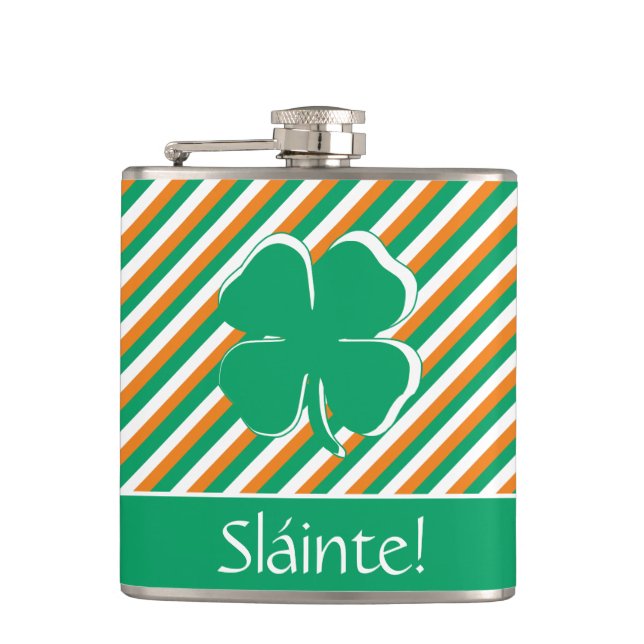 Petaca Sláinte Naranja verde moderno franjas Shamrock irl (Anverso)