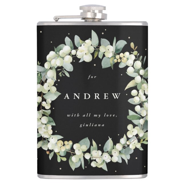 Petaca Snowberry y Eucalyptus Wreath Boda personalizado (Anverso)
