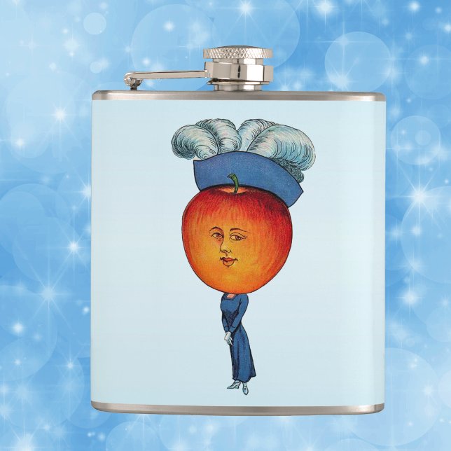Petaca Sombrero de plumas de dama de cabeza de manzana el (Anthropormorphic apple head lady fancy blue dress feathered hat on light blue drinking flask.)