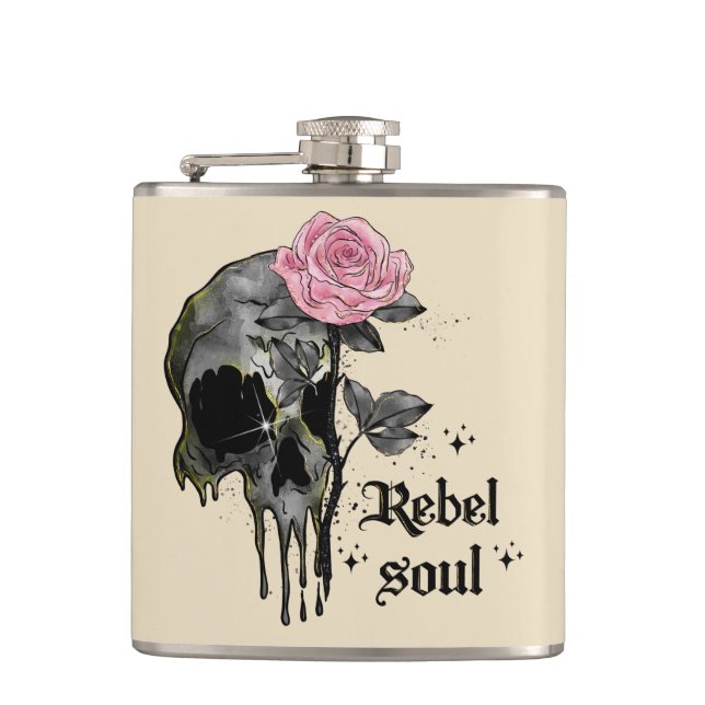 Petaca Soul Rebel - Calavera gótica con rosa rosado (Anverso)