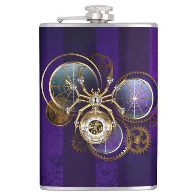Petaca Spider Steampunk sobre fondo morado (Anverso)