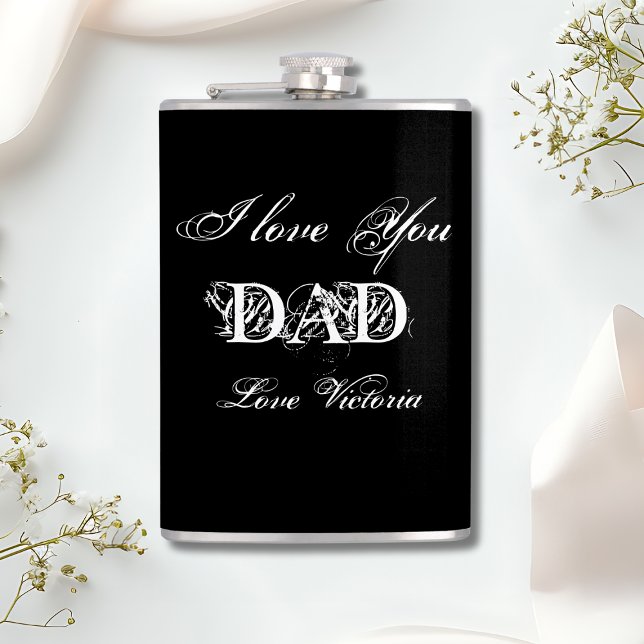 Petaca 'Te amo papá', blanco negro y plata personalizado ('I Love You Dad' Personalized Black White & Silver Flask.)