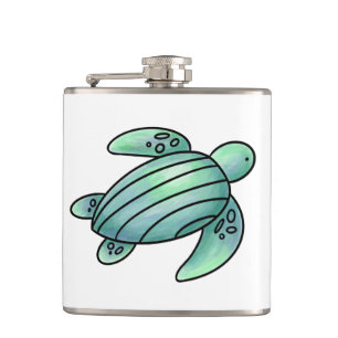 Petaca tortuga marina pintada con acuarela azul verde de 