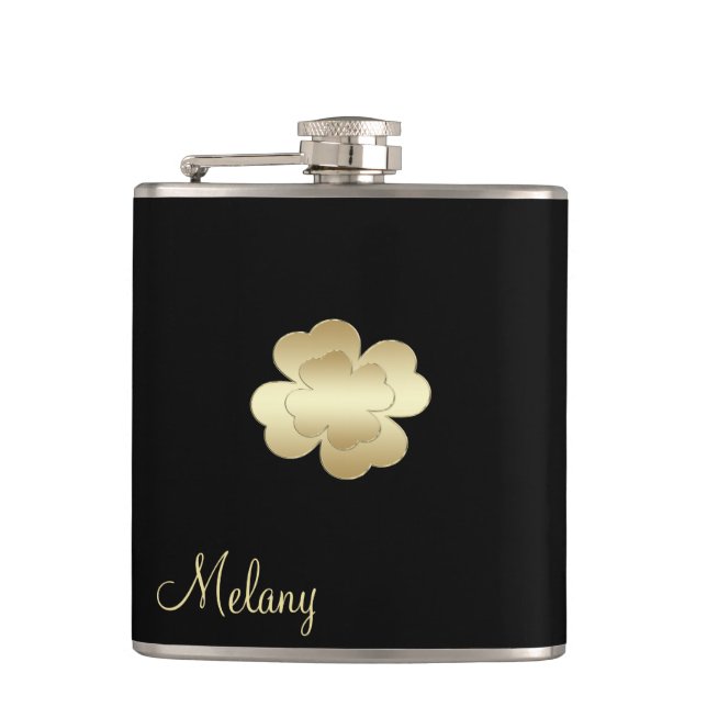 Petaca Trebol afortunado dorado chic con personalización (Anverso)