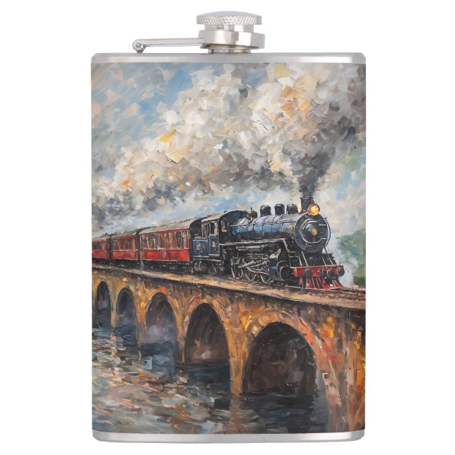 Petaca Tren de vapor en un puente - pintura al petróleo (Anverso)