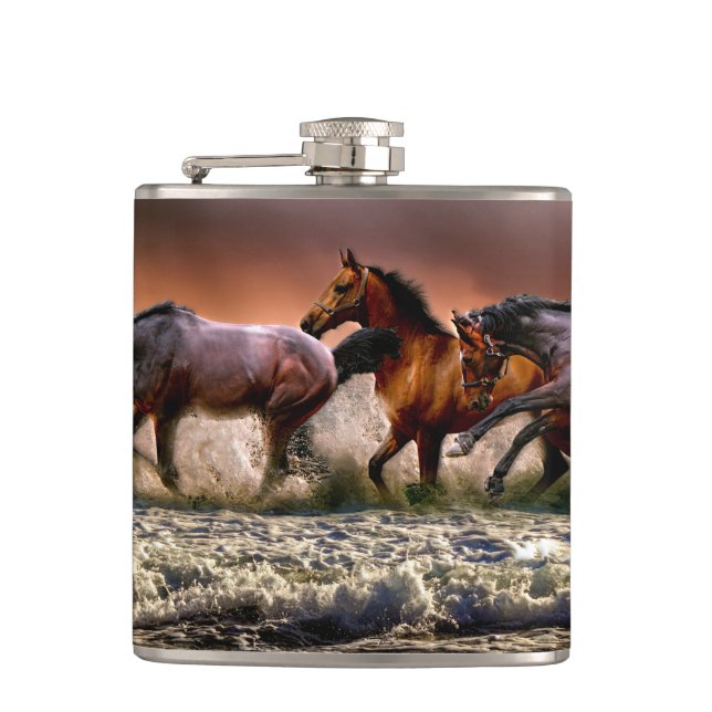 Petaca Tres caballos trotando en el océano (Anverso)