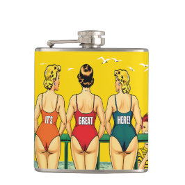 Petaca Tres chicas pin-up desde atrás, humor de playa, di