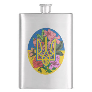 Petaca Tridente ucraniano y bandera de Ucrania con flores