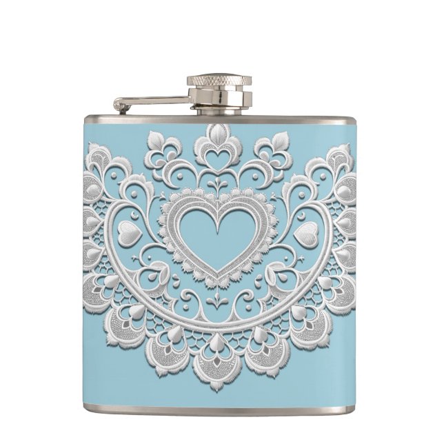 Petaca Turquesa Azul Blanco Encaje Corazón Boda Bridal (Anverso)