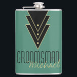 Petaca Tuxedo Art Deco Groomsman moderno<br><div class="desc">Un gran regalo para los padrinos de tu boda, este diseño cuenta con un trío de triángulos inspirado en el arte deco, bordeado en tonos dorados y lleno de puntos. Agregue el nombre de sus padrinos en lugar del texto de ejemplo. Puede cambiar el color de fondo de este matraz...</div>