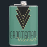 Petaca Tuxedo Art Deco Groomsman moderno<br><div class="desc">Un gran regalo para los padrinos de tu boda, este diseño cuenta con un trío de triángulos inspirado en el arte deco, bordeado en tonos dorados y lleno de puntos. Agregue el nombre de sus padrinos en lugar del texto de ejemplo. Puede cambiar el color de fondo de este matraz...</div>