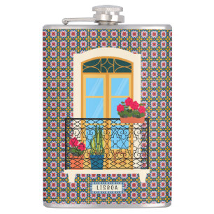 Petaca Ventana de la casa de Lisboa con plantas y azulejo