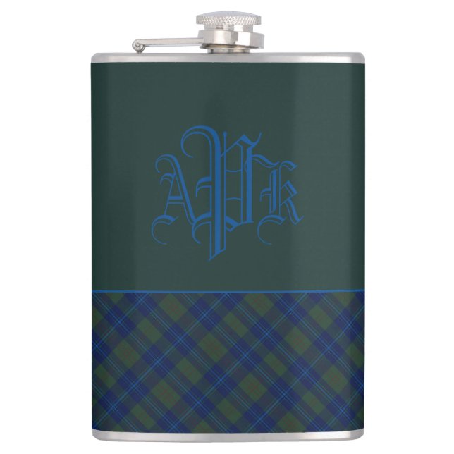 Petaca Verde monogramado, azul y Aqua Plaid (Anverso)