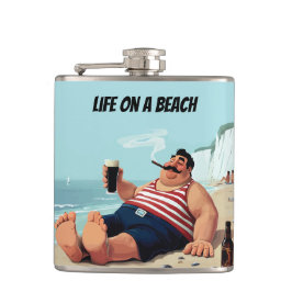 Petaca Vida en la playa, hombre fumando cigarro y cerveza