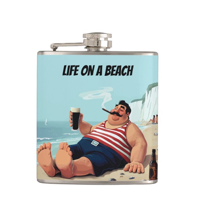 Petaca Vida en la playa, hombre fumando cigarro y cerveza (Anverso)