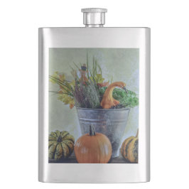 Petaca Vida residual del otoño con calabazas, flores