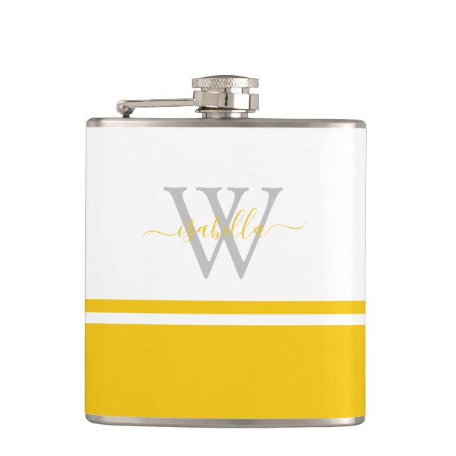 Petaca Viñeta Monogramada Flask Moderno Script Amarillo (Anverso)