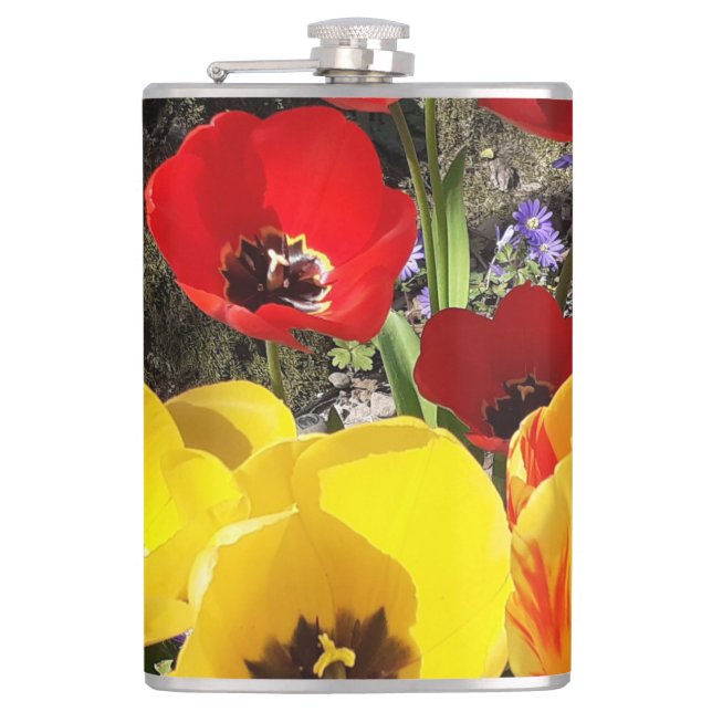 Petaca Vinilo de tulipanes amarillos y rojos envuelto (Anverso)