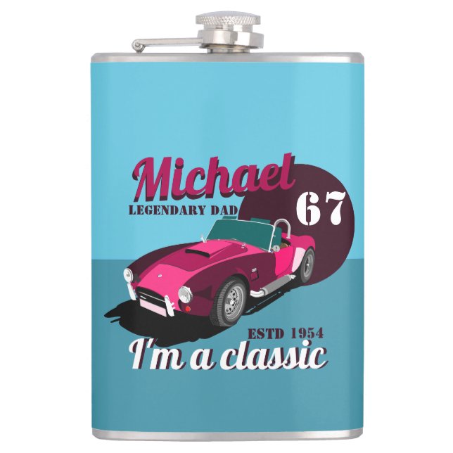 Petaca Vintage clásico antiguo coche legendario nombre de (Anverso)