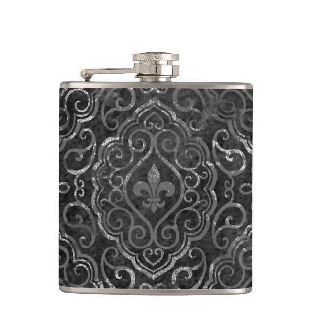 Petaca Vintage Fleur de Lis | Damasco negro plateado (Anverso)